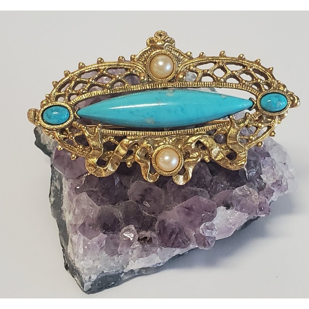 VTG 1928 Brooch Oval Bow Faux Pearl & Turquoise Look Inserts Open Filigree Style